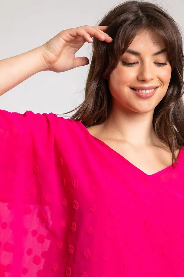 Women Fuchsia Curve Textured Spot Chiffon Overlay Top Roman Tops