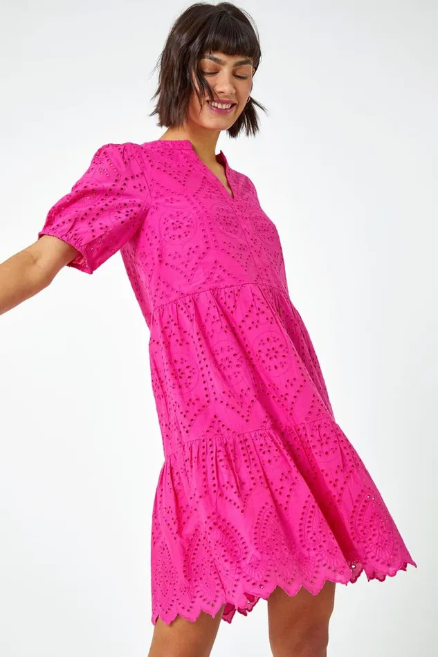 Women Fuchsia Embroidered Tiered Cotton Smock Dress Roman Dresses