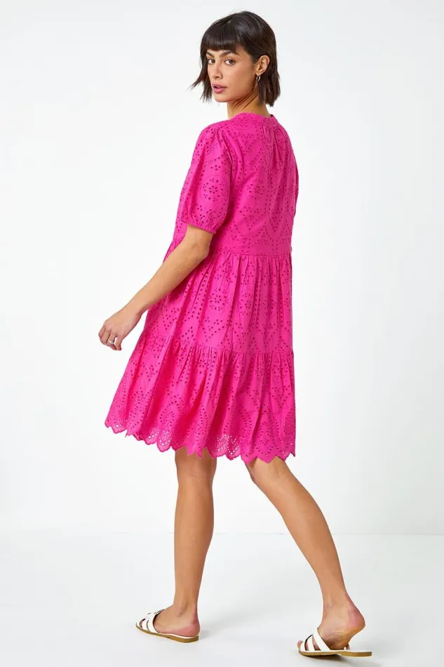 Women Fuchsia Embroidered Tiered Cotton Smock Dress Roman Dresses