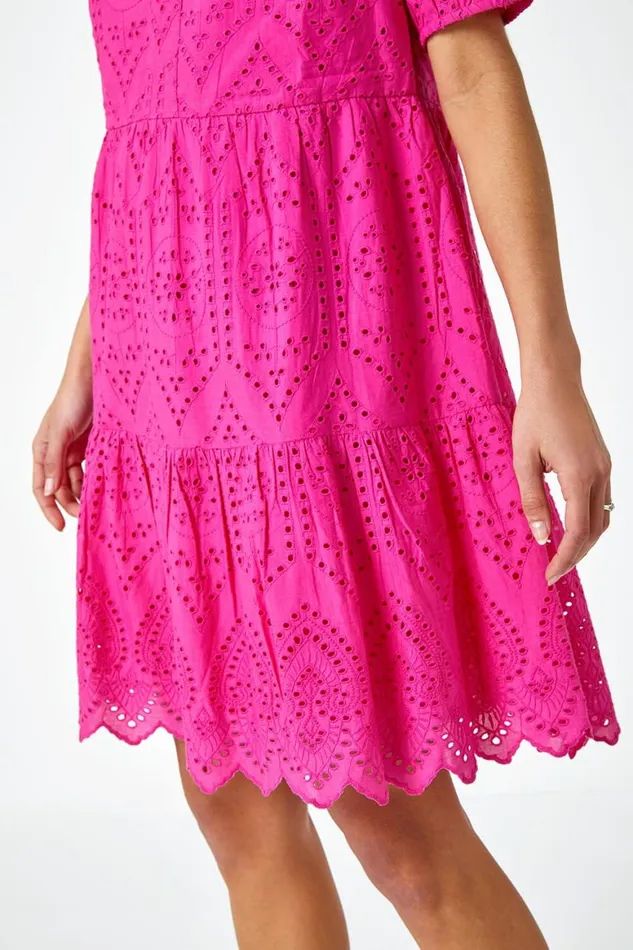 Women Fuchsia Embroidered Tiered Cotton Smock Dress Roman Dresses