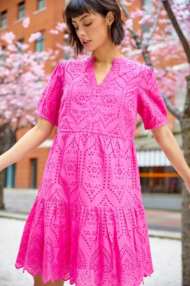 Women Fuchsia Embroidered Tiered Cotton Smock Dress Roman Dresses
