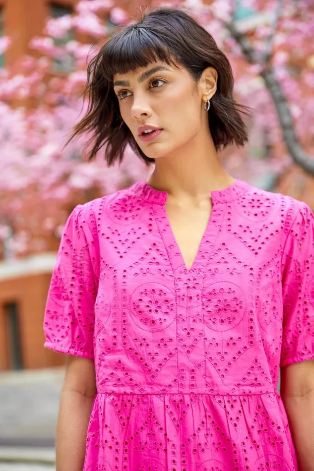 Women Fuchsia Embroidered Tiered Cotton Smock Dress Roman Dresses