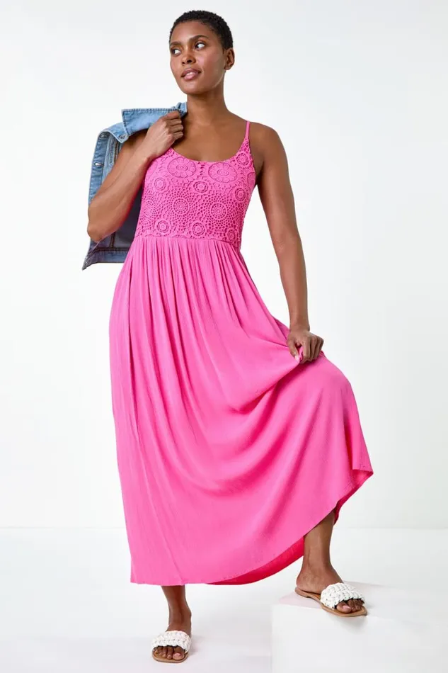 Women Fuchsia Lace Bodice Shirred Midi Dress Roman Dresses