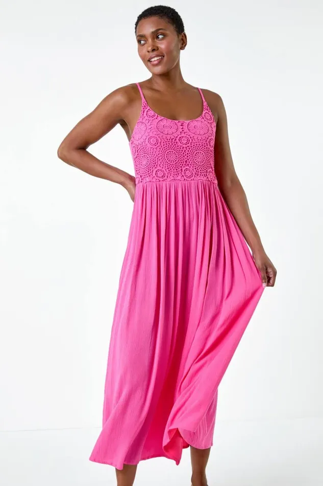 Women Fuchsia Lace Bodice Shirred Midi Dress Roman Dresses