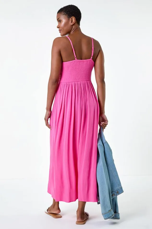 Women Fuchsia Lace Bodice Shirred Midi Dress Roman Dresses