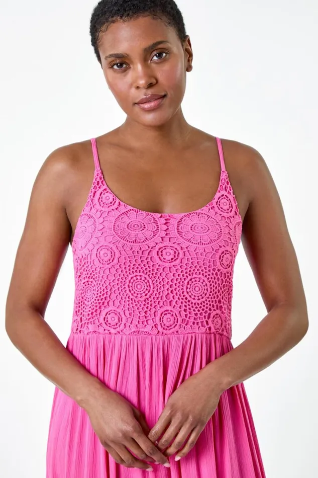 Women Fuchsia Lace Bodice Shirred Midi Dress Roman Dresses
