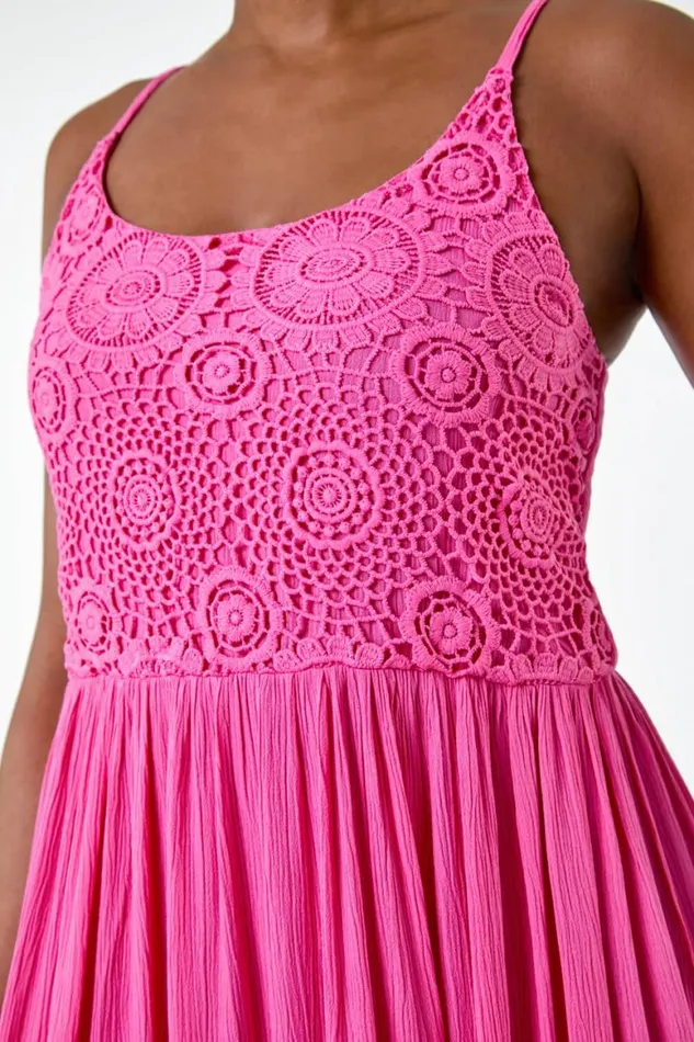 Women Fuchsia Lace Bodice Shirred Midi Dress Roman Dresses