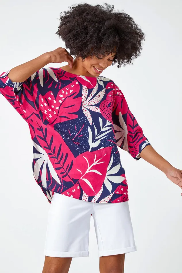 Women Fuchsia Palm Print Tunic Top Roman Tops