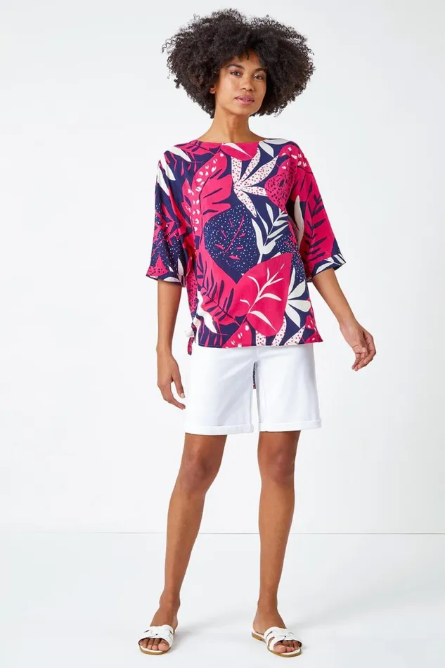 Women Fuchsia Palm Print Tunic Top Roman Tops