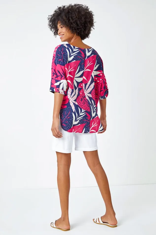 Women Fuchsia Palm Print Tunic Top Roman Tops