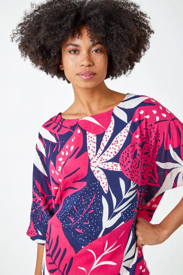 Women Fuchsia Palm Print Tunic Top Roman Tops