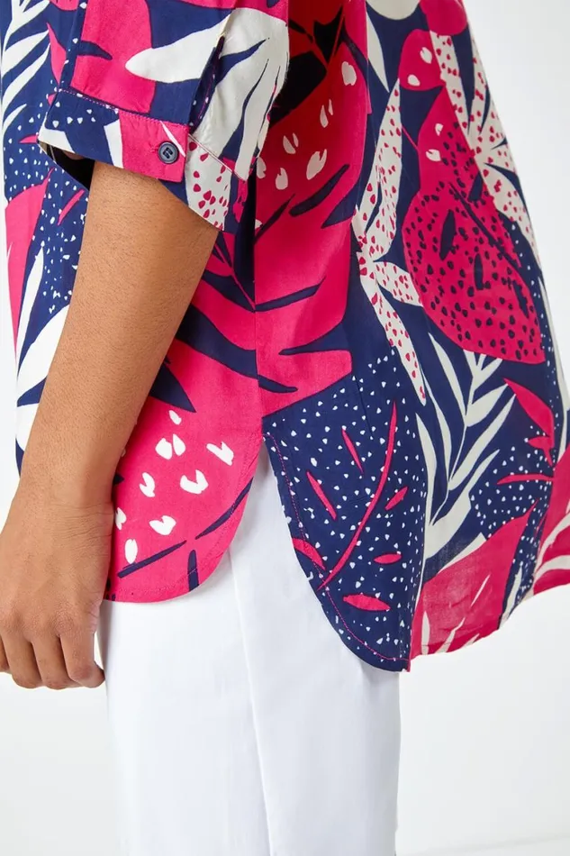 Women Fuchsia Palm Print Tunic Top Roman Tops