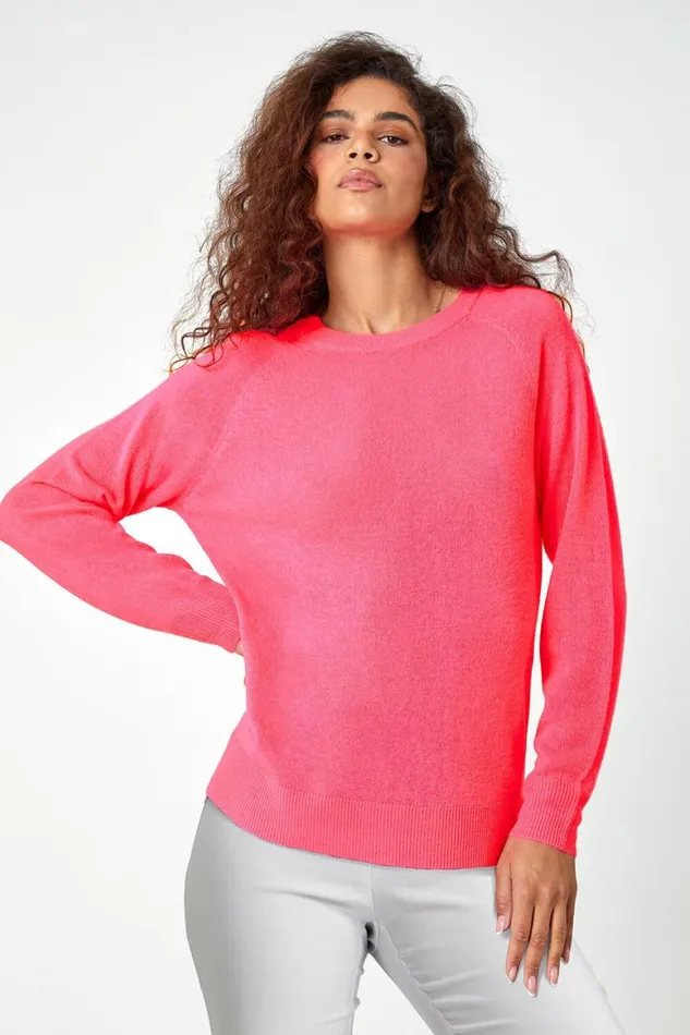 Women Fuchsia Plain Soft Crew Neck Jumper Roman Knitwear