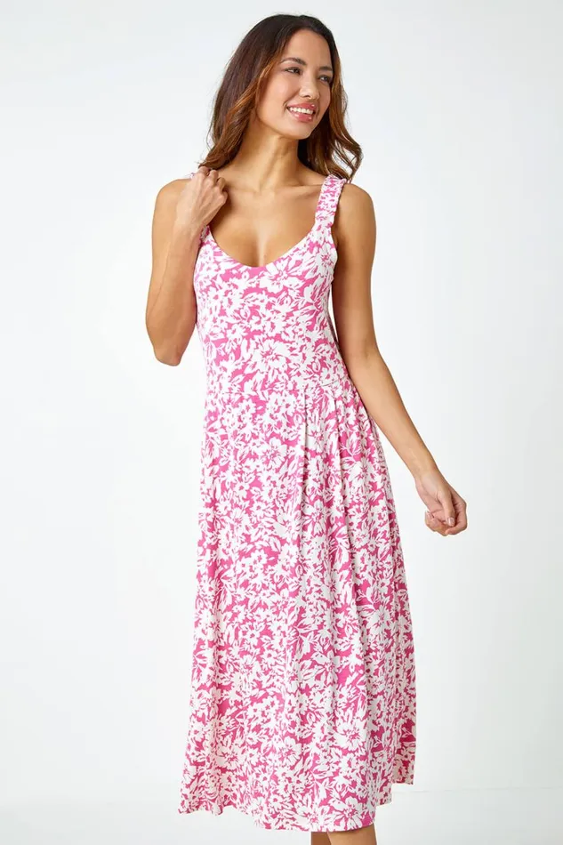 Women Fuschia Sleeveless Floral Midi Stretch Dress Roman Dresses
