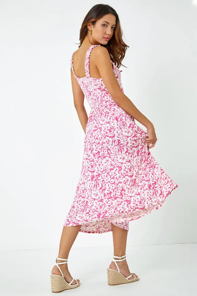 Women Fuschia Sleeveless Floral Midi Stretch Dress Roman Dresses
