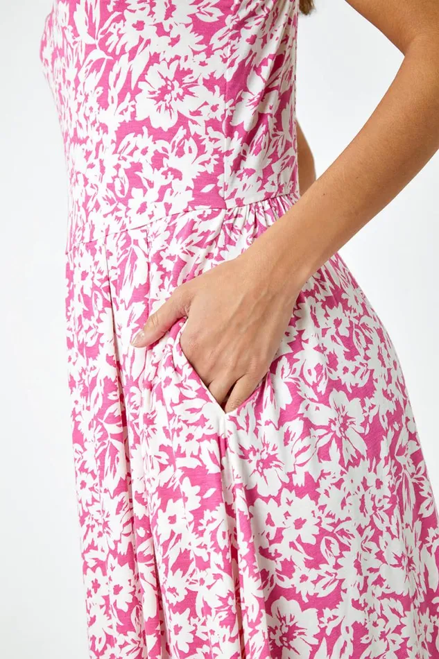 Women Fuschia Sleeveless Floral Midi Stretch Dress Roman Dresses