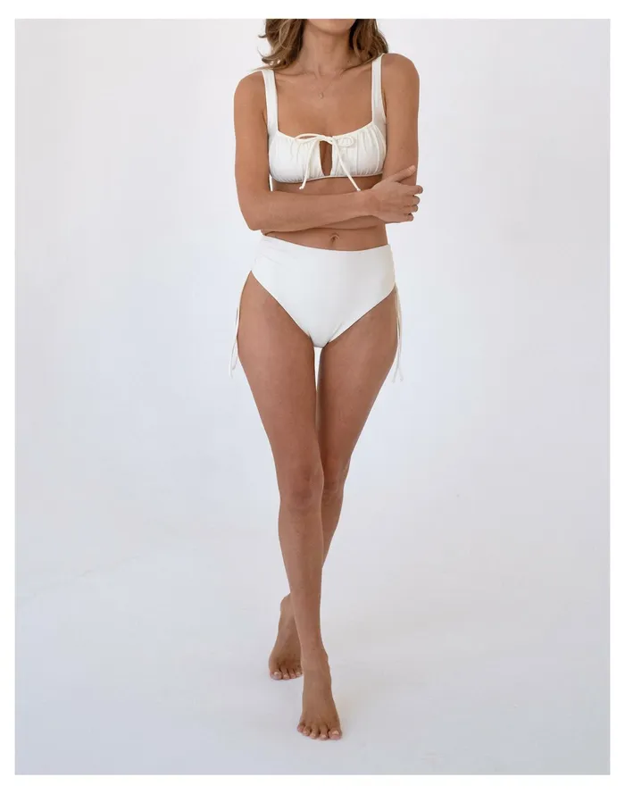 Women GALAMAAR Ruched High Waist Bikini Bottom Cream Madewell Swim