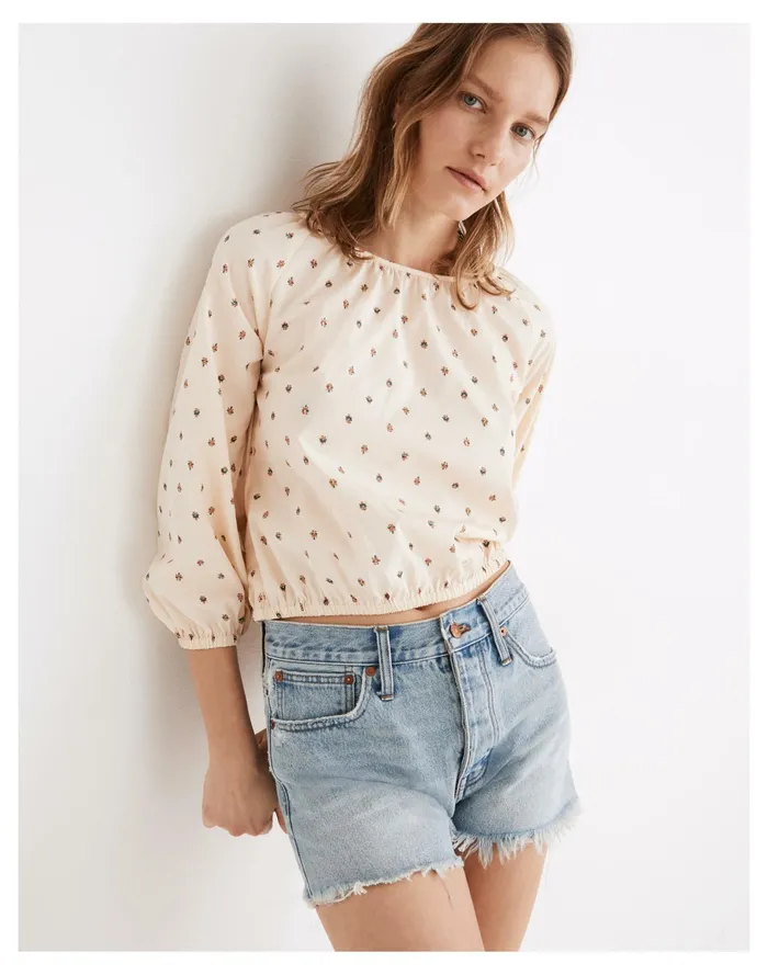 Women Gathered Puff Sleeve Crop Top Sunrise Floral Bone Madewell Tops and Shirts