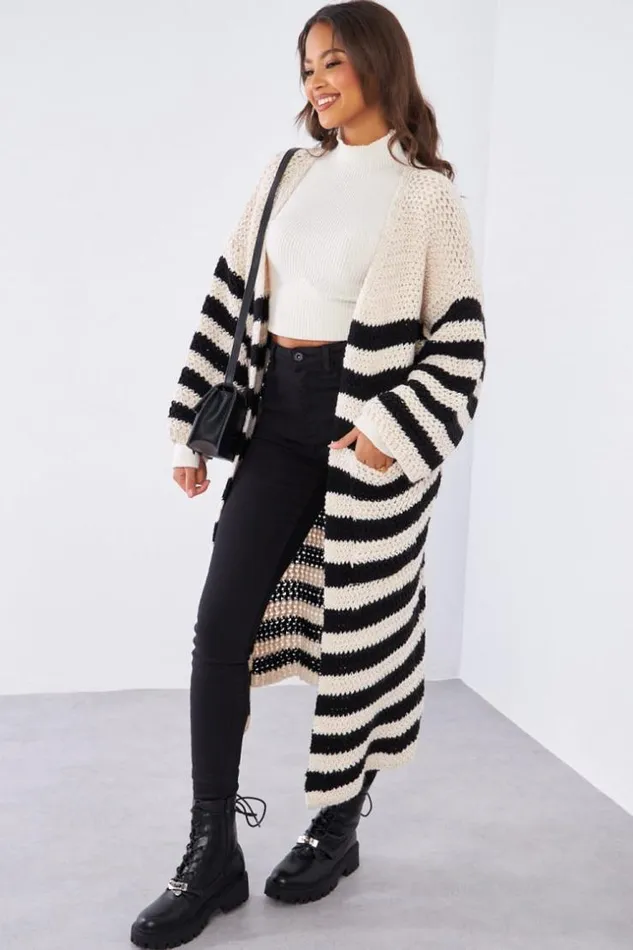 Women Gilet Beige Et Noir En Maille Long Beige Brentiny Paris Cardigans