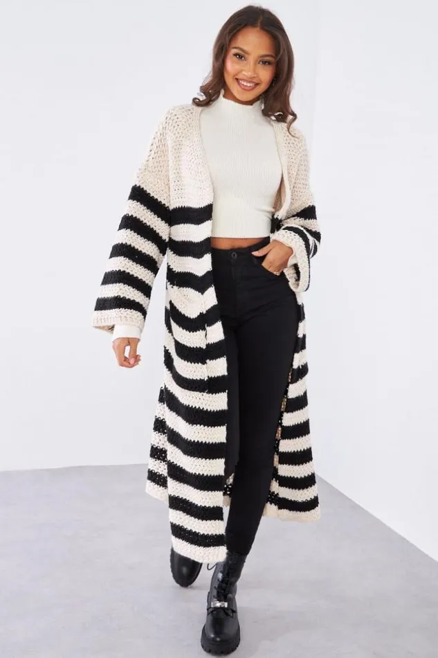Women Gilet Beige Et Noir En Maille Long Beige Brentiny Paris Cardigans