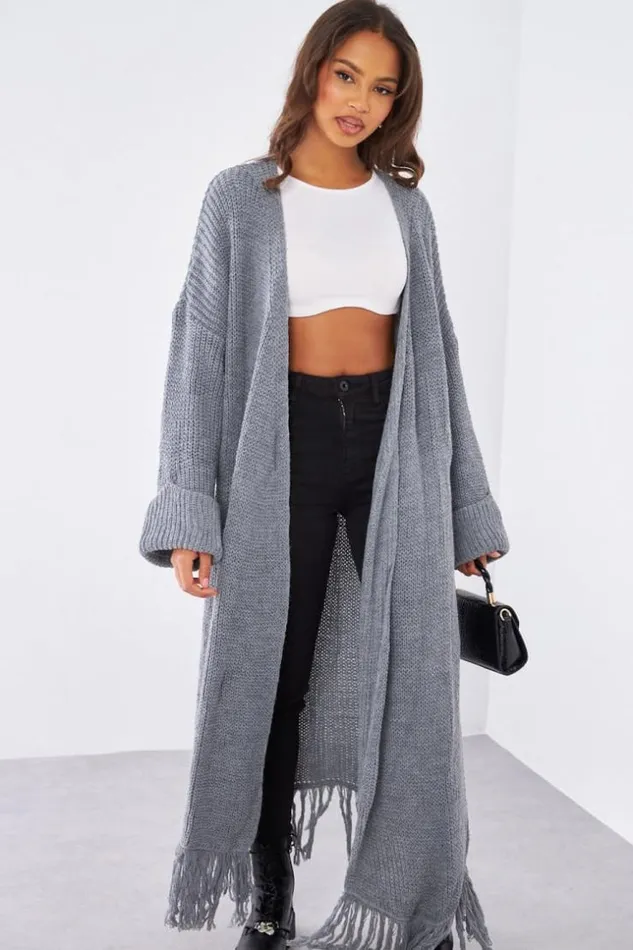 Women Gilet En Maille Gris Franges Ceintur Grey Brentiny Paris Cardigans