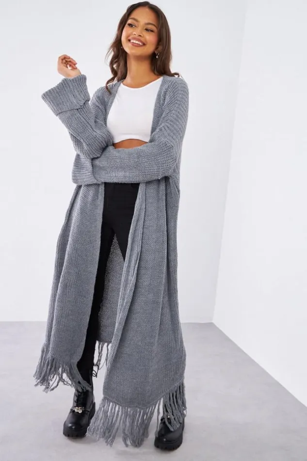 Women Gilet En Maille Gris Franges Ceintur Grey Brentiny Paris Cardigans