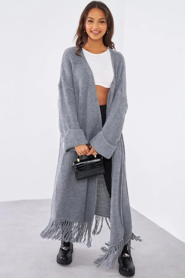 Women Gilet En Maille Gris Franges Ceintur Grey Brentiny Paris Cardigans