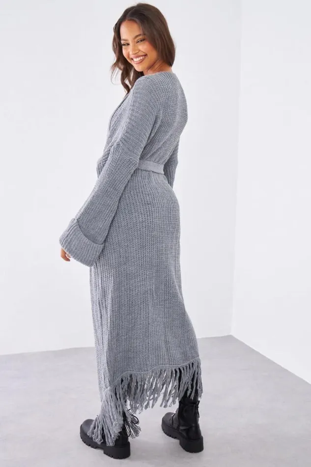 Women Gilet En Maille Gris Franges Ceintur Grey Brentiny Paris Cardigans
