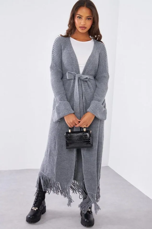 Women Gilet En Maille Gris Franges Ceintur Grey Brentiny Paris Cardigans