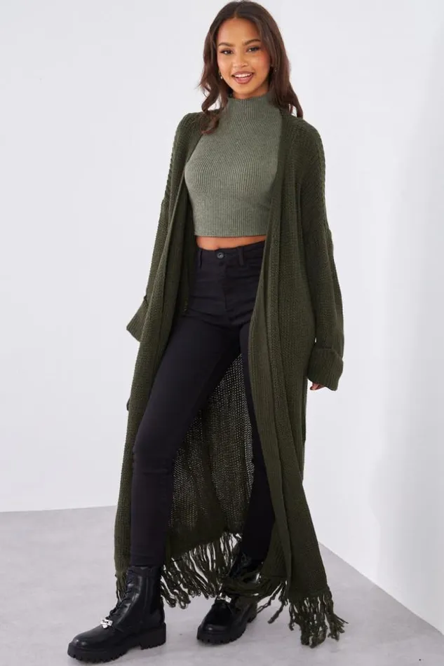Women Gilet En Maille Kaki Franges Ceintur Khaki Brentiny Paris Cardigans
