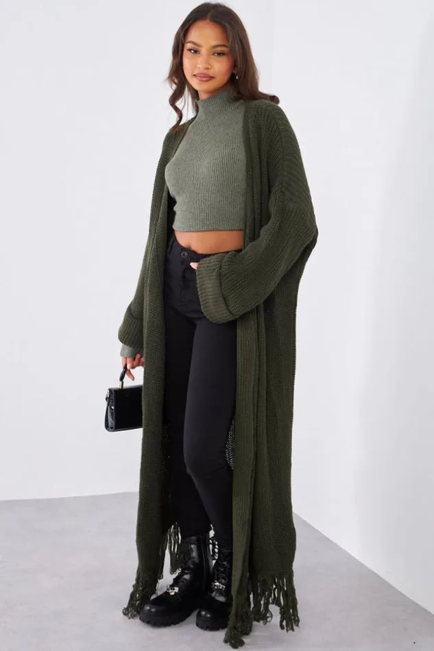 Women Gilet En Maille Kaki Franges Ceintur Khaki Brentiny Paris Cardigans