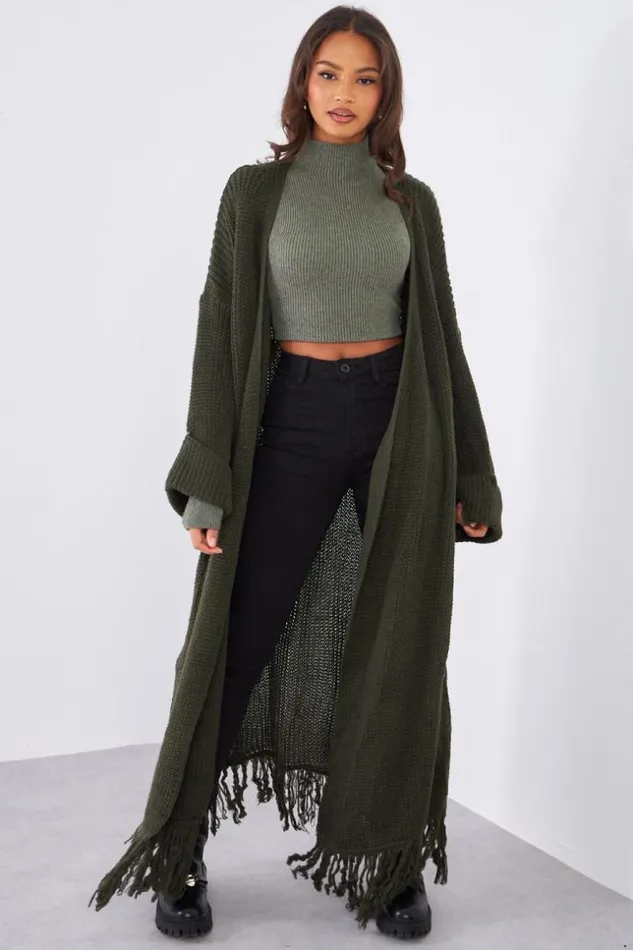Women Gilet En Maille Kaki Franges Ceintur Khaki Brentiny Paris Cardigans