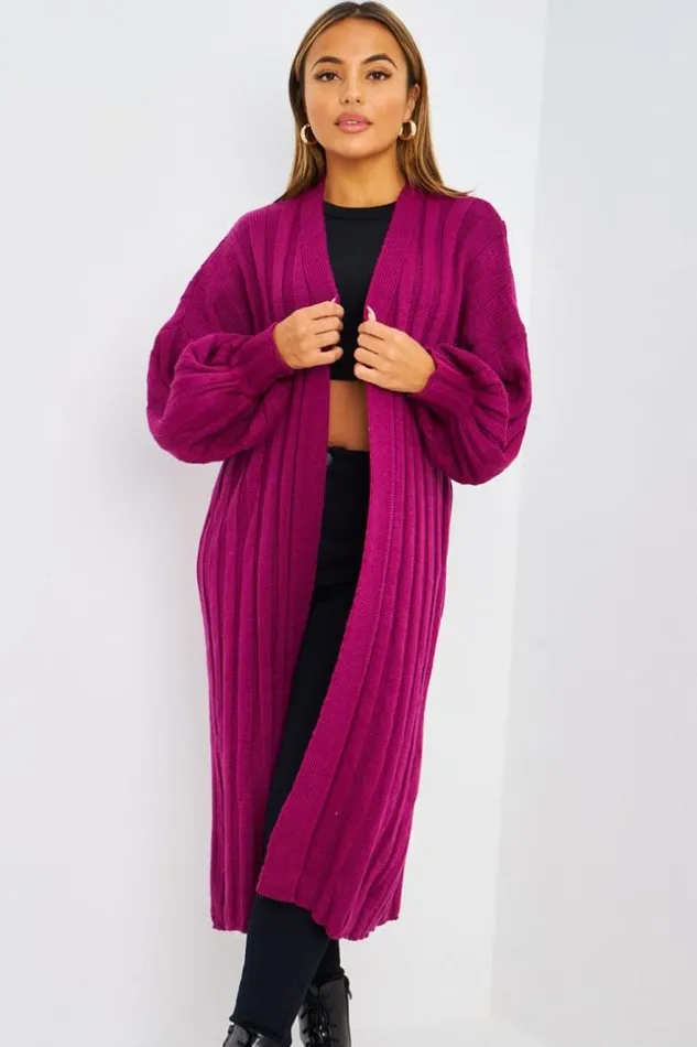 Women Gilet Long Violet Bandes En Mailles Purple Brentiny Paris Cardigans