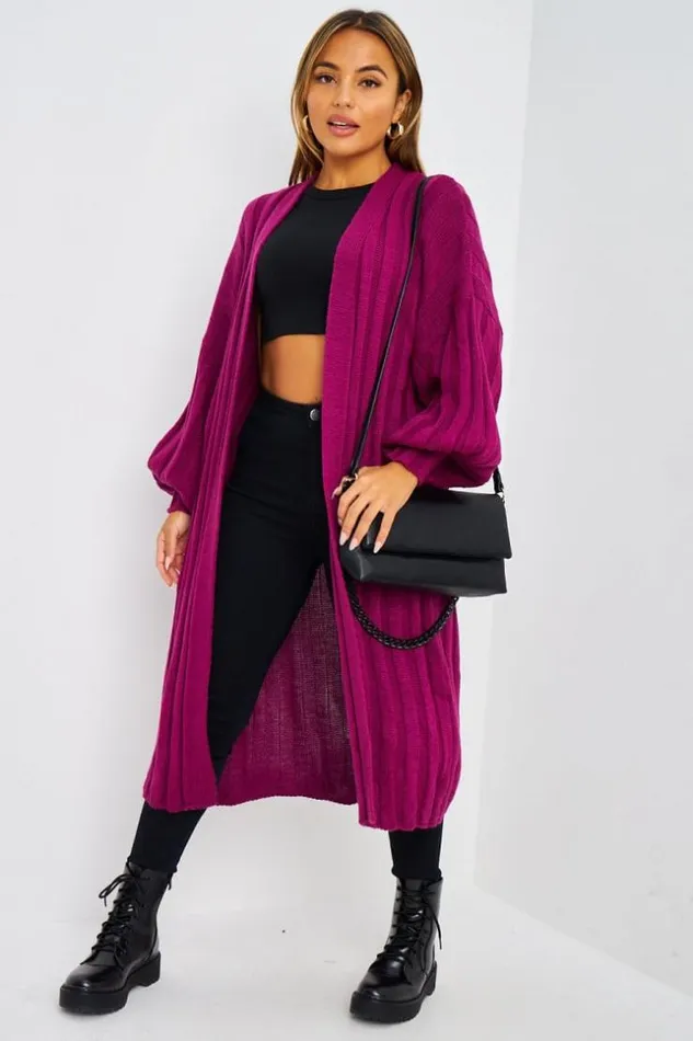Women Gilet Long Violet Bandes En Mailles Purple Brentiny Paris Cardigans