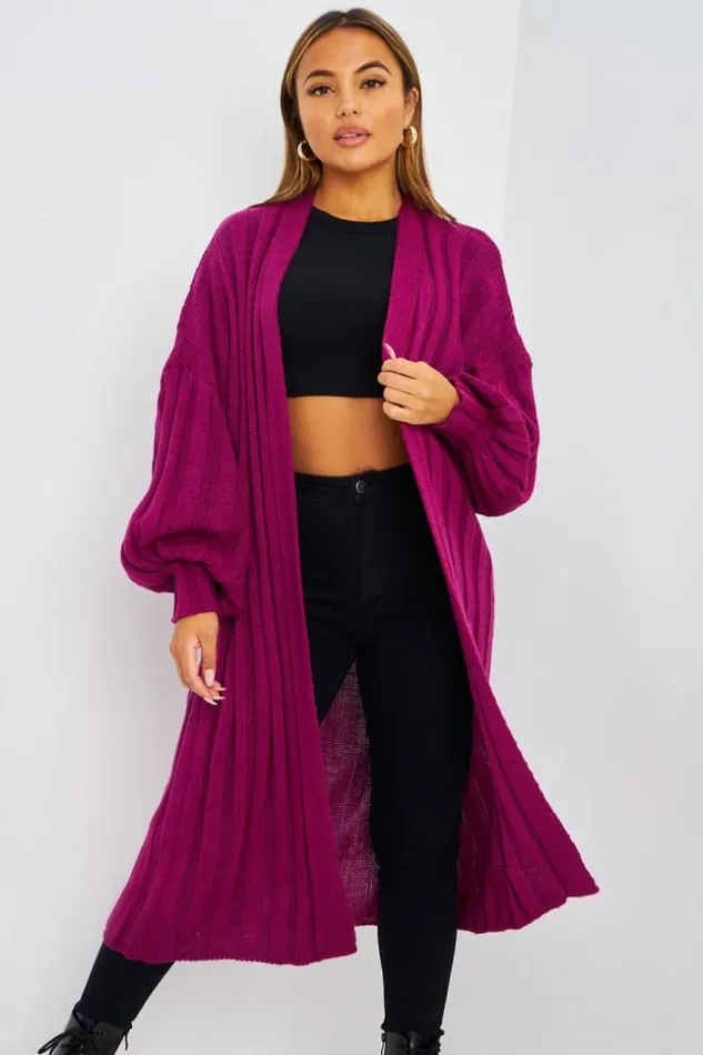 Women Gilet Long Violet Bandes En Mailles Purple Brentiny Paris Cardigans
