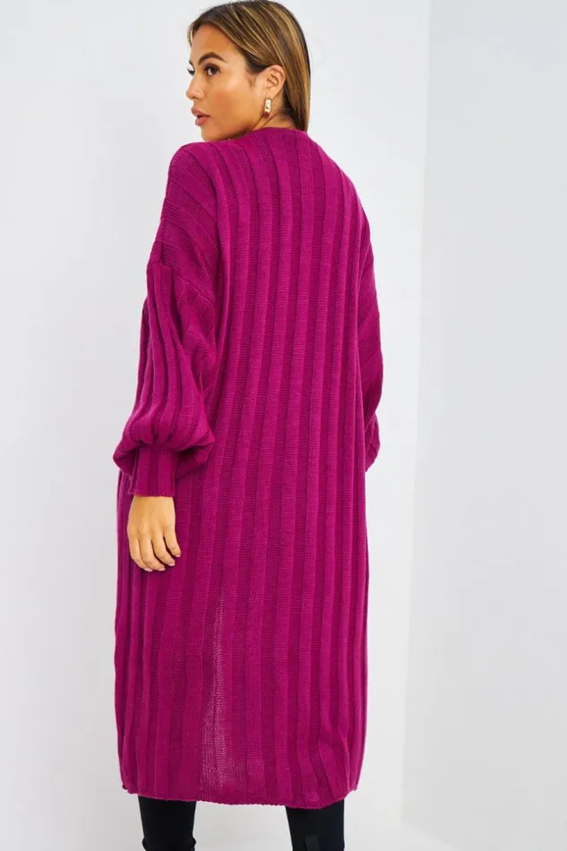 Women Gilet Long Violet Bandes En Mailles Purple Brentiny Paris Cardigans