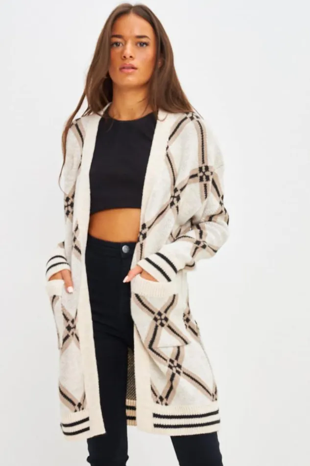 Women Gilet MiLong En Mailles Motif Losange Beige Beige Brentiny Paris Cardigans