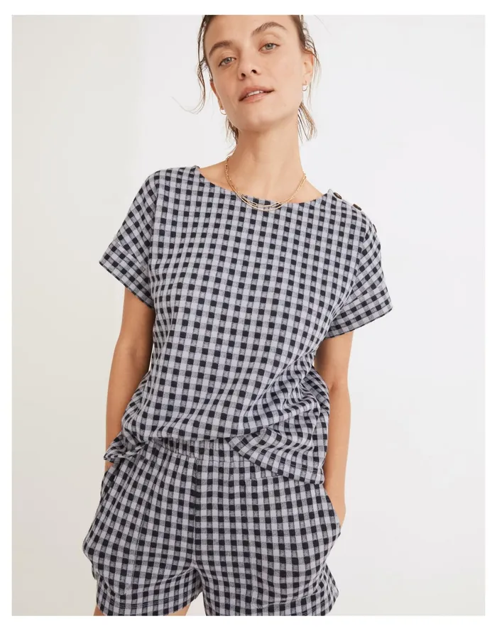 Women Gingham Knit Seersucker Button Shoulder Top Faded Lavender Madewell Tops and Shirts