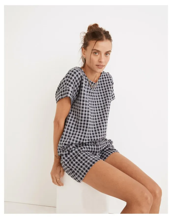 Women Gingham Knit Seersucker Button Shoulder Top Faded Lavender Madewell Tops and Shirts Women Gingham Knit Seersucker Button Shoulder Top Faded Lavender Madewell Tops and Shirts