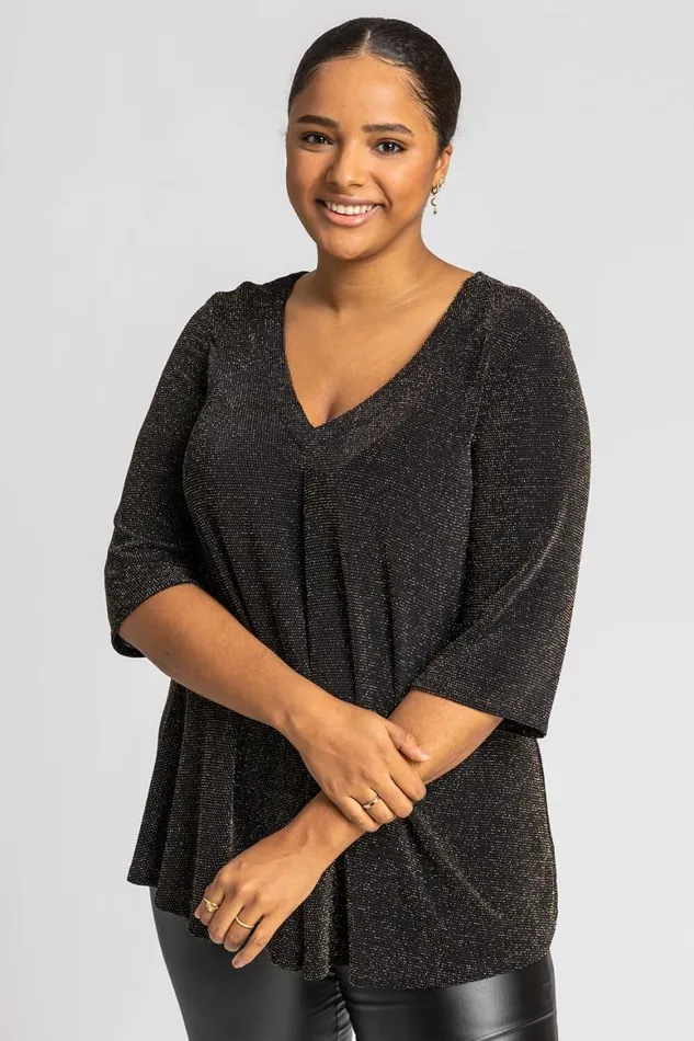 Women Gold Curve Sparkle VNeck Tunic Top Roman Tops