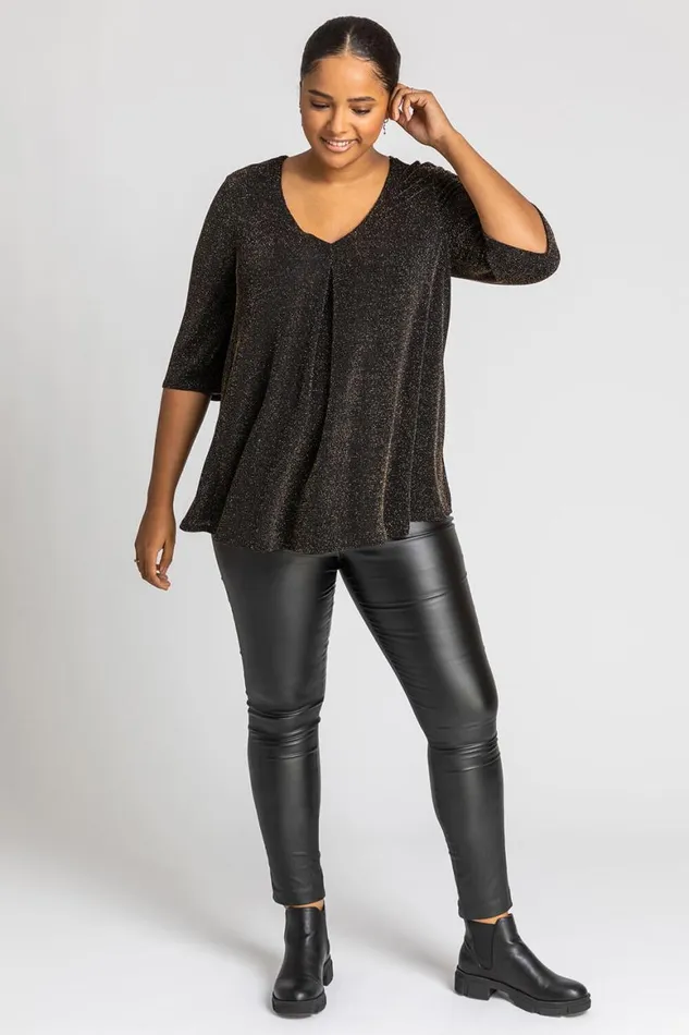Women Gold Curve Sparkle VNeck Tunic Top Roman Tops