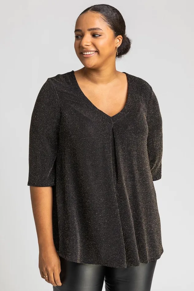 Women Gold Curve Sparkle VNeck Tunic Top Roman Tops