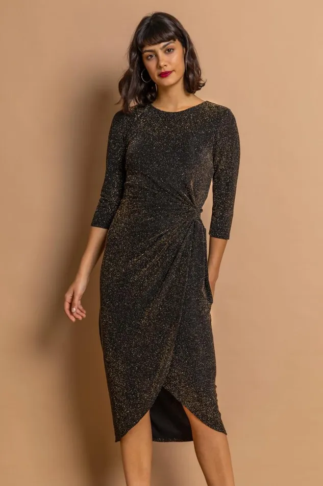 Women Gold Fitted Sparkle Twist Front Ruched Dress Roman Dresses