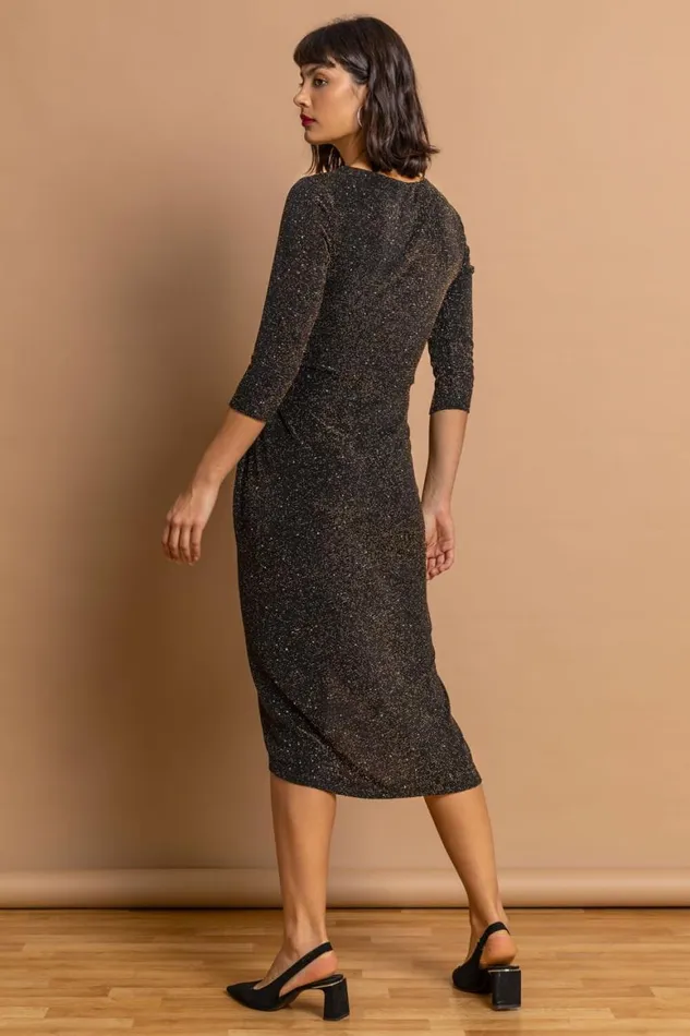 Women Gold Fitted Sparkle Twist Front Ruched Dress Roman Dresses
