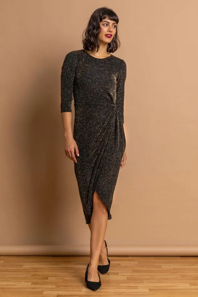 Women Gold Fitted Sparkle Twist Front Ruched Dress Roman Dresses