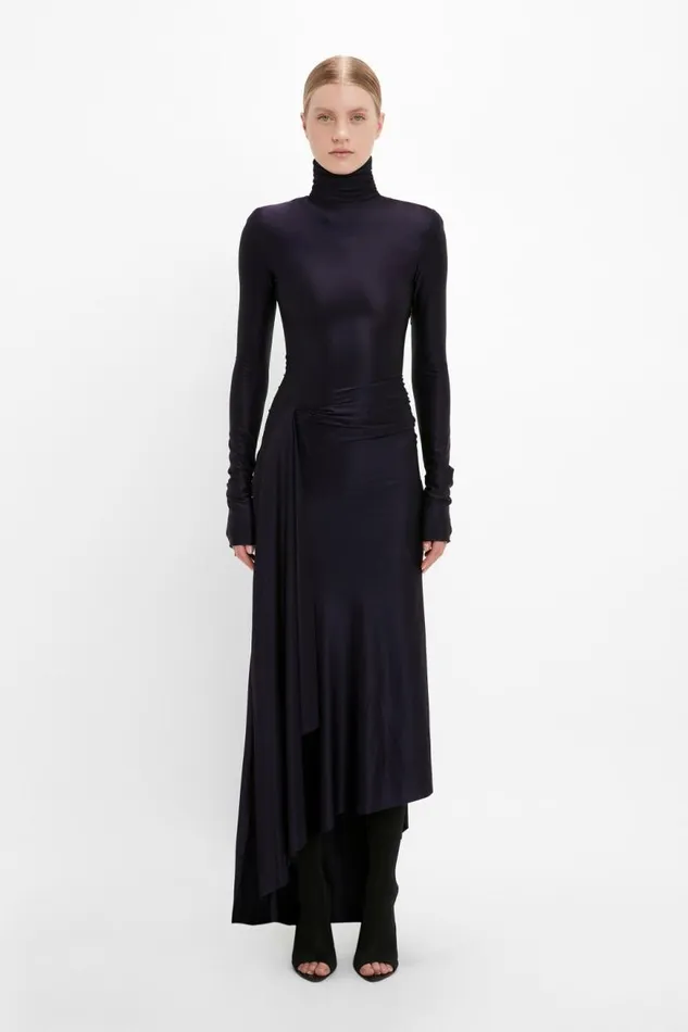 Women Gowns Victoria Beckham Long Sleeve High Neck Jersey Dress In Blackberry