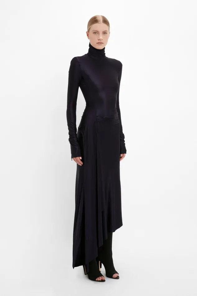 Women Gowns Victoria Beckham Long Sleeve High Neck Jersey Dress In Blackberry