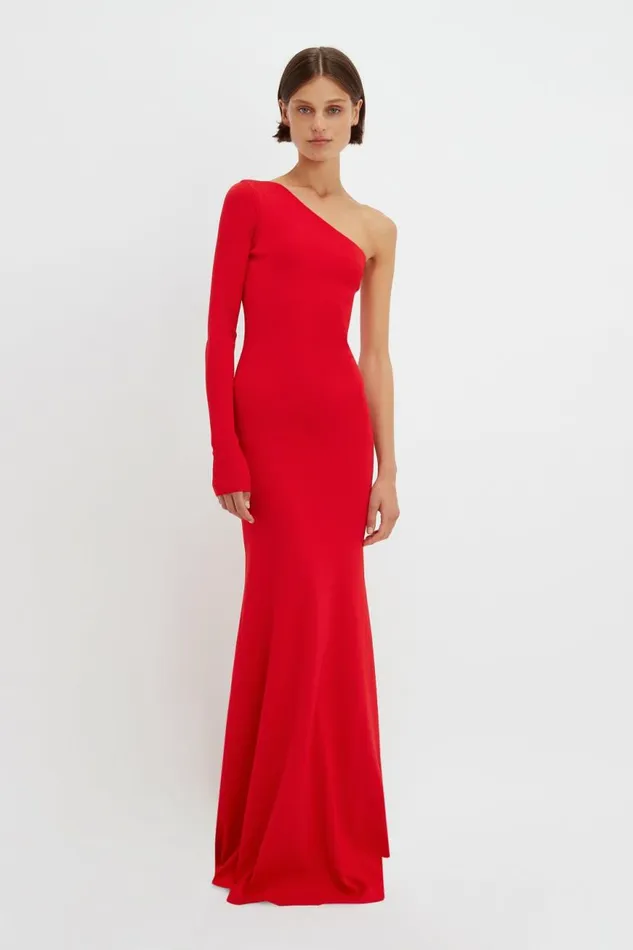 Women Gowns Victoria Beckham One Shoulder Knitted Gown In Red