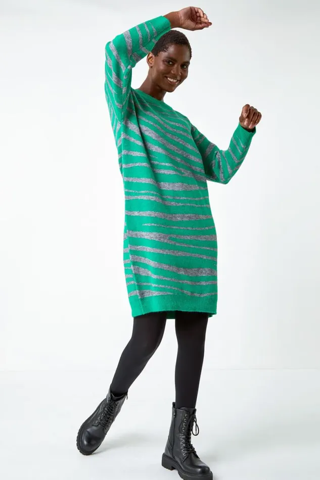 Women Green Animal Print Jumper Dress Roman Dresses