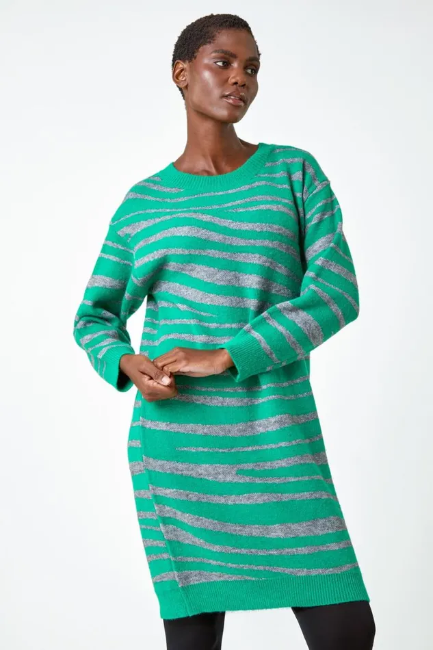 Women Green Animal Print Jumper Dress Roman Dresses